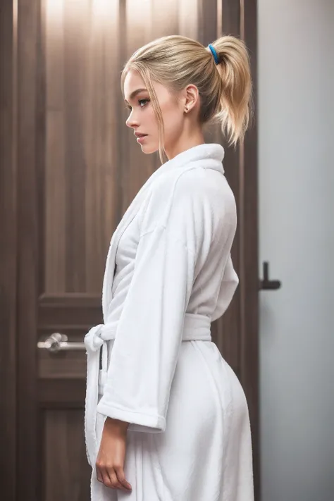 modelo blonde blonder com cabelo loiros ponytail e altamente detalhada), wearing white bathrobe and high heels (rosto de alto detalhe), (cabelos ponytail , best quality, ultra high-resolution, (fotorrealista: 1.4),  Rim lighting, Facing the woman in the ba...