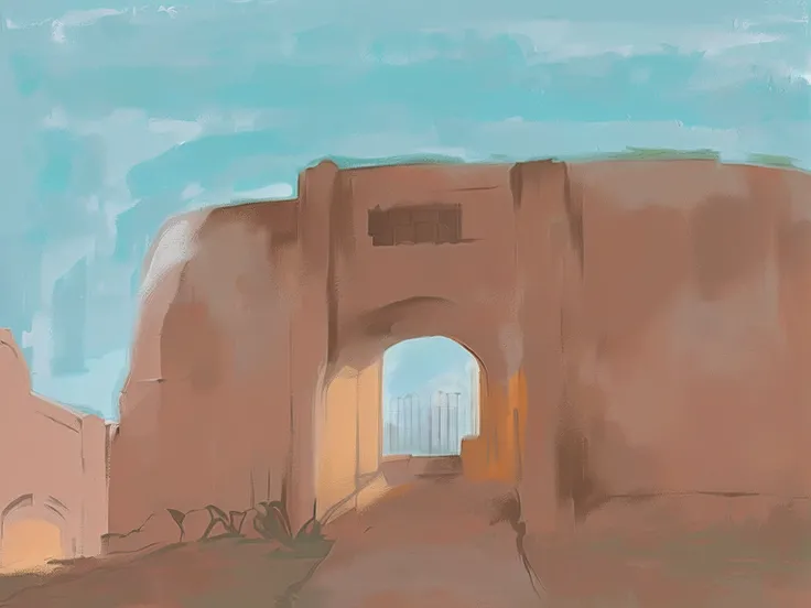 Painting of a building with gate and sky background, fortress gateway, A digital painting, digital painted, background fortress, Inspired by Nathaniel Horn, expressive digital painting, digital sketch, inspired by Esteban Vicente, Digital drawing, Digital ...