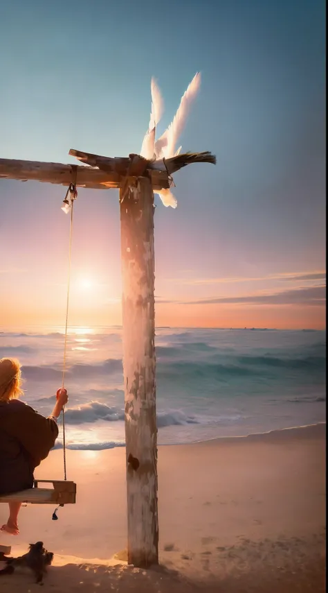 araffe sitting on a swing on the beach looking out at the ocean, sitting at the beach, sitting on the beach, its is relaxing on a beach, in a beachfront environment, relaxing at the beach, relaxing on the beach, photoshoot, hanging, having a great time, wa...