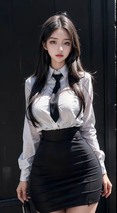 Photorealistic, high resolution, 1 woman, Hips up, Beautiful eyes, Black hair, Long hair, ringed eyes, Collared shirt, black necktie,White skirt, pencil skirts