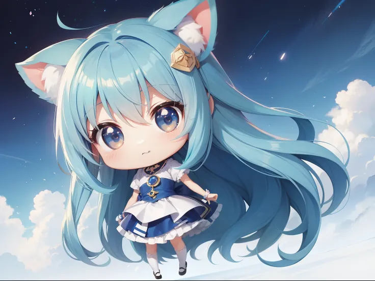 Chibichara　long hair with blue hair((Chibi Chara))、Fluffy、girl with、Chibi Chara、full body Esbian、Pastel colors hair、masutepiece、top-quality、