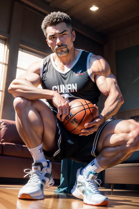 45-year-old middle-aged male coach，Man，grampa，Height 195，chineseidol，sitting in the couch，God perspective，The eyes are about to face each other，Chinese men，musculature，Lift one foot，Wear a sports vest，sweat shorts，The number 12 is written on the clothes，Hi...