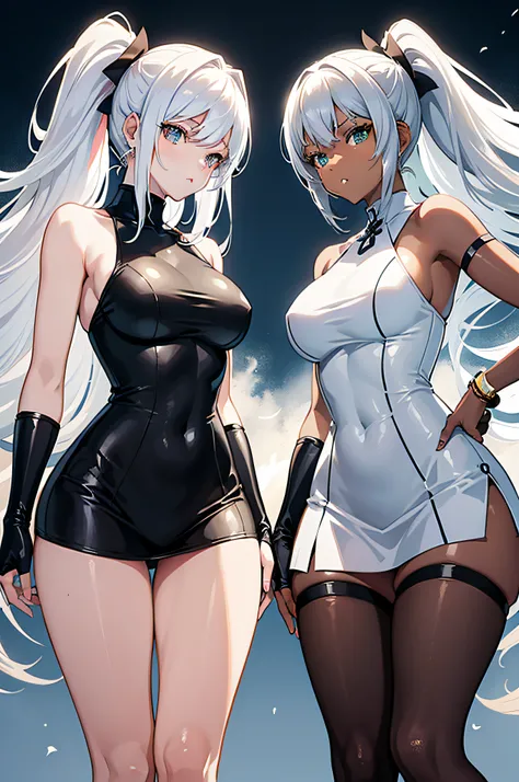 "2 anime girls in dynamic pose, the one on the left is dark skinned and she has long white hair with bangs and a ponytail, the one on the right has dark and very wavy short hair, they are both extremely beautiful, curvy girls, dynamic angle shot"