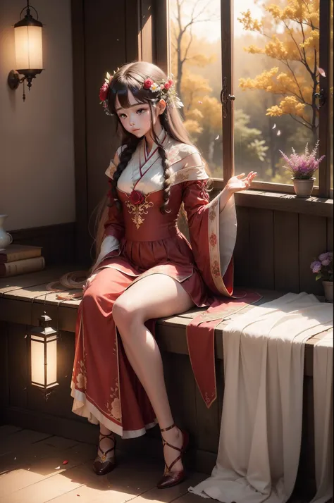 Sitting on the branches in the middle of the woods is superlative,tmasterpiece,A high resolution,(Delicate figure:1.5),Absolutely beautiful,(Milky skin:1.3),exquisitedetails,A high resolution,Wallpapers,1female,独奏,shift dresses,hair adornments,(((Red dress...