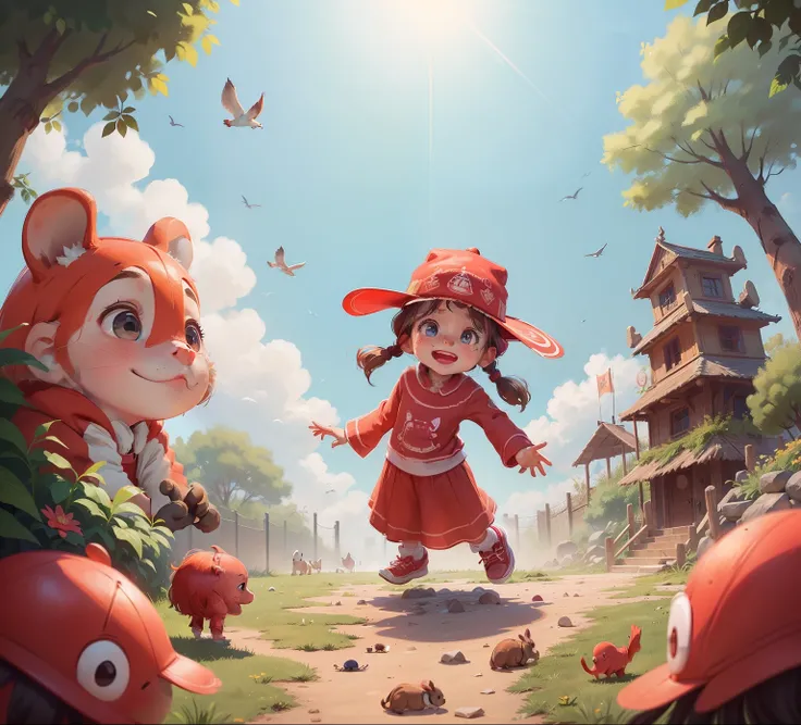 A little girl, 8 years old, wearing red clothes and red hat, (((perfect face))), (((perfect eyes))), (((perfect hands))), the little girl is visiting the zoo, rabbits, birds, elephants, sunny day, bright colors, high qualitry, 8k