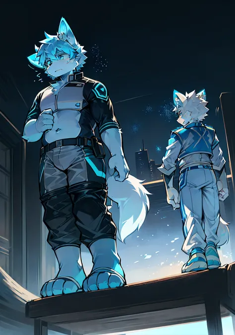 (High picture quality，Sci-fi landscapes and shadows，Ray traching，Particle effect，ultraclear)((Wolf Ear Shota boy+Oversized wolf tail:1.2+Large long ears:1.1+Small belly),(Sci-fi style white luminous pants+Fur blue+Blue+Blue tricolor intertwined luminous cl...