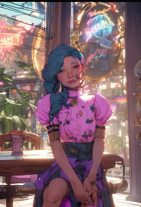 An ultra high-resolution photograph of a stylish cyberpunk gothic flat chested Eurasian librarian immersed in relaxation at a trendy café in the Philippines. With (vibrant rainbow colored blue green pink orange hair) elegantly tied in a bun, she adorns bra...