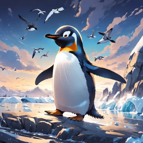 Generate masterpieces and super high quality penguin images。The following conditions apply:、Can you create an image of a beautiful penguin reading？ Only one penguin should appear reading with a book in hand in each image。Do not include other penguins or an...