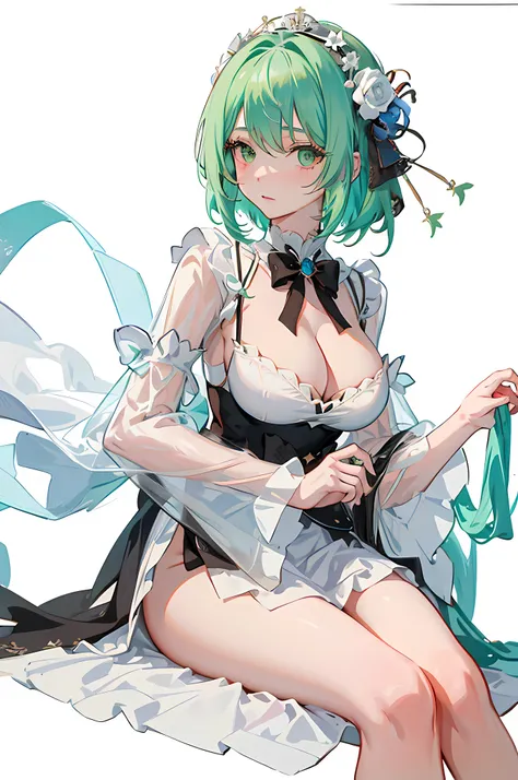 best quality,highly detailed,((masterpiece)),ultra-detailed,solo,1girl,(white background:1.5),(Delicate eyes),noelle_(genshin_impact), 1girl,(green_eyes:1.2//), breasts,short_hair, medium_breasts, rose, red_flower,(dress shirt:1.2), no panties, cleavage, r...