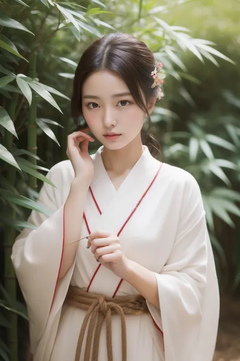 wearing kimonos、Realistic young Korean woman in bamboo bushes, Young skinny idol,  Beautiful young Korean woman, beautiful Korean women, goddess of Japan, the face of a beautiful Japanese girl、Tie up your hair、Inserting kanzashi