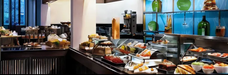 there are many different foods on the counter in this restaurant, breakfast buffet, overflowing feast buffet table, bar, warm and joyful atmosphere, award - winning crisp details ”, award-winning crisp details”, abundant detail, chef table, work of art, go...