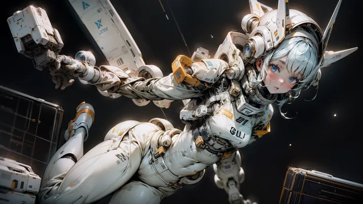 a girl in a white cfi spacesuit, in full growth, in weightlessness, space, she can be seen completely, an interesting pose