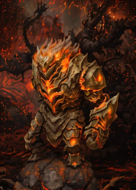 there was a man standing in the forest，carry the fire, fire golem creature, volcanic skeleton, theelementoffire, full dress of l...