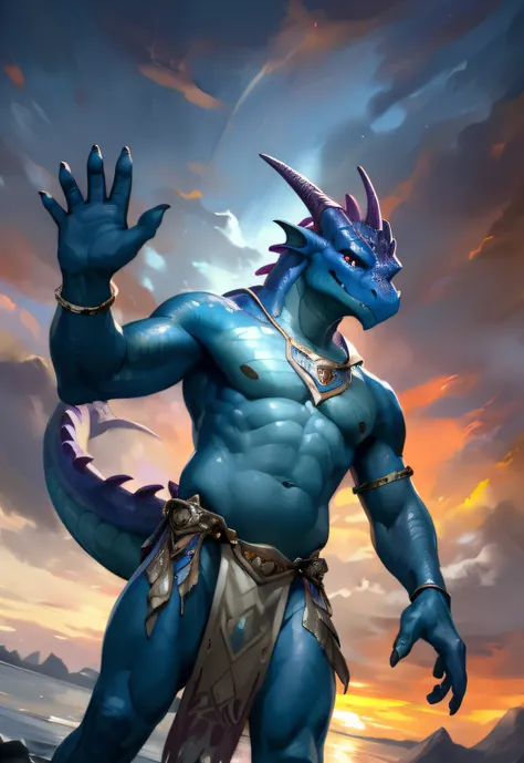 Masterpiece, High quality, absurd res, Digital painting (artwork of a), Solo, (komono:1.4), male anthro-dragon, Blue body, Ice, (waving at viewer), Smile, Sunset, loincloth, By (by Pino Daeni, (by ruaidri), Yupa, Kiyosan), Detailed background, anime big br...