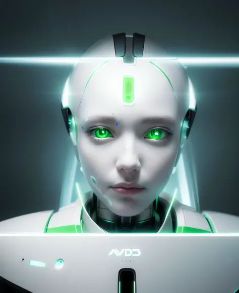 A robot with green eyes and a white head, portrait of a futuristic robot, portrait of female android, portrait of female android, sci-fi android female, humanoid robot close up, beautiful android woman, portrait of an android, detailed face of an android, ...