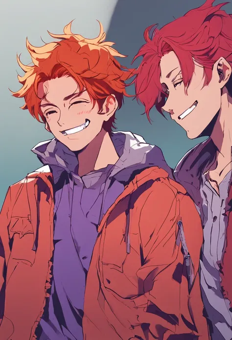 man with red hair and a purple jacket, [[[[grinning evily]]]], inspired by Unichi Hiratsuka, grinning lasciviously, inspired by Kamisaka Sekka, inspired by Taiyō Matsumoto, orange - haired anime boy, profile shot, red haired teen boy, halfbody portrait