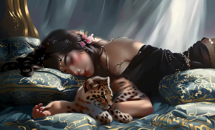 On the bed lay a woman with long hair，The hair is covered with beautiful ornaments，There are two small leopards, by Cynthia Sheppard, magali villeneuve, inspirado em Cynthia Sheppard, graphic artist magali villeneuve, lovely digital painting, by Yang J, Gu...