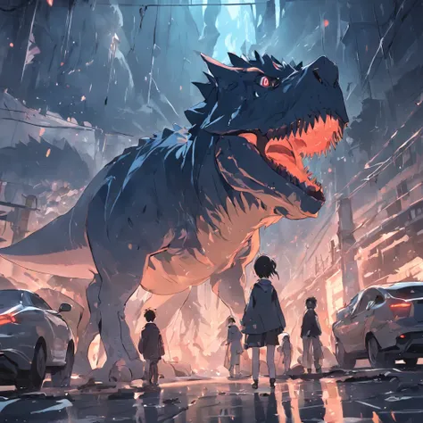 Dinosaurs carry wolves，On the street，Car accident，crashing，There is liquid on the ground，Black liquid，Obvious liquid，Real street background，废墟