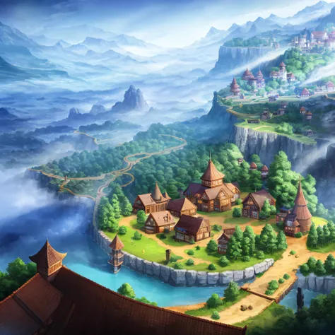 RPG map，A quiet village surrounded by dense forests，With high quality，Incredible detail and engaging atmosphere。Add dramatic lighting elements and shadows，to increase the immersion of the scene。The path leads to a house