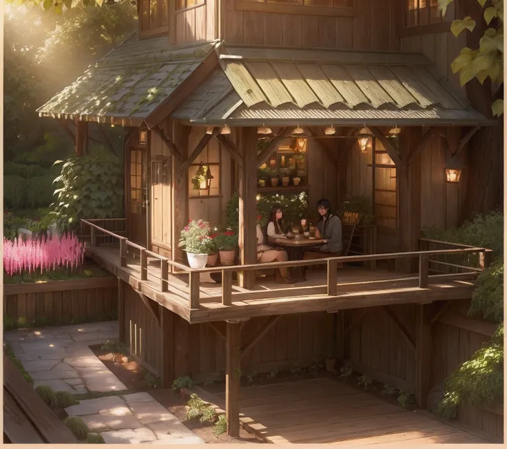 Full prompt: "coffee garden, cozy atmosphere, tranquil setting, rustic charm, greenery, outdoor seating, relaxing ambiance, sunlight filtering through trees, aromatic coffee, serene escape."