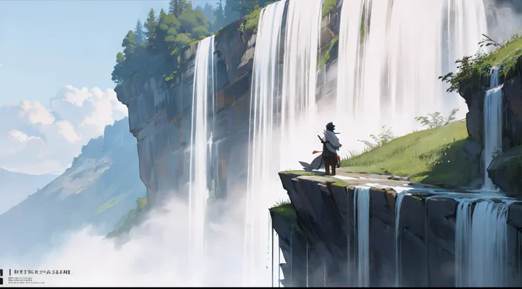 There is a precipitous cliff in front，The wall is Taki.、background is waterfall, Waterfall in the distance, Fog from the waterfall, spectacular, Realistic cinematic visuals, There is a terrace in the air in the foreground.、People looking at the waterfall々....