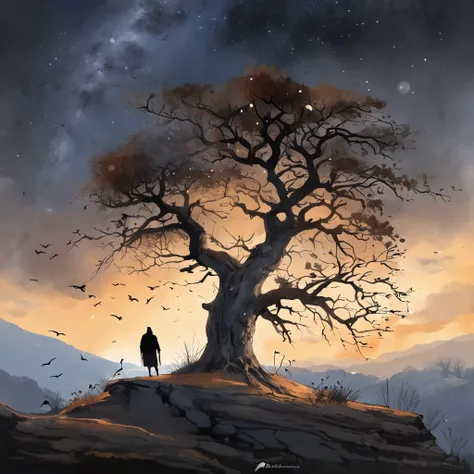 A crow on a dead tree, The crow is rich in detail and realistic，Shaped like a walkers shadow, There is a rabbit under the tree，He was looking at the crow with his head held high，Starry night, Thick fog on the ground, Blue light on the horizon, Unreal Engin...