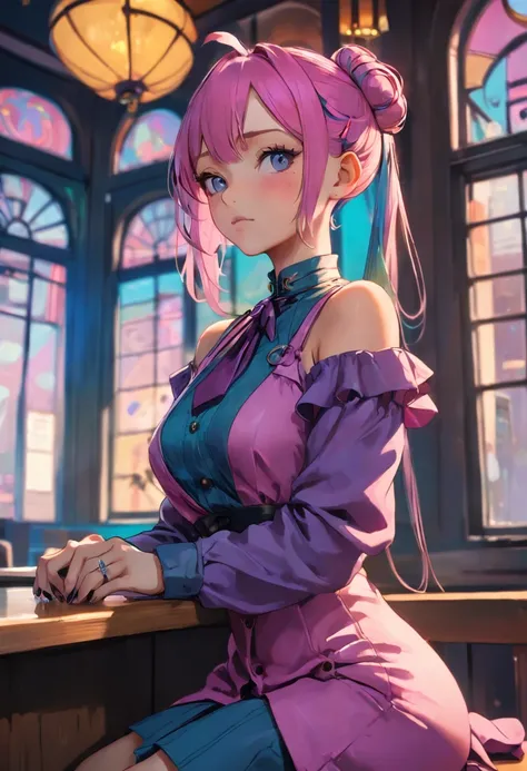 An ultra high-resolution photograph of a stylish cyberpunk gothic flat chested Eurasian librarian immersed in relaxation at a trendy café in the Philippines. With (vibrant rainbow colored blue green pink orange hair) elegantly tied in a bun, she adorns bra...