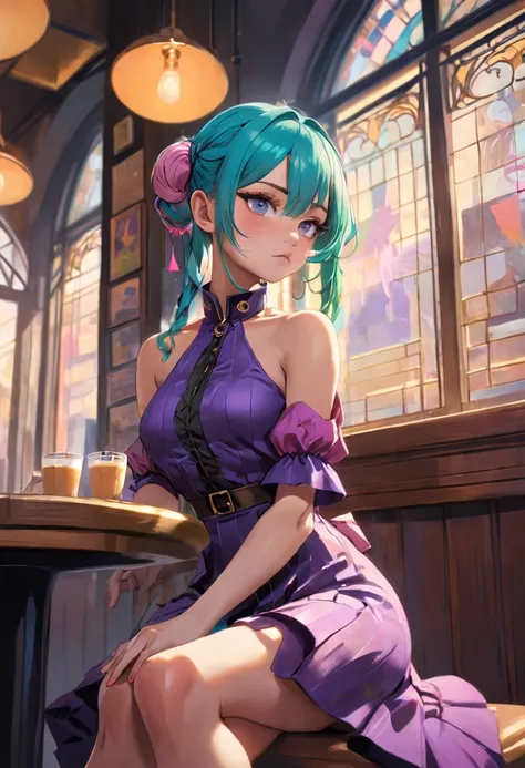 An ultra high-resolution photograph of a stylish cyberpunk gothic flat chested Eurasian librarian immersed in relaxation at a trendy café in the Philippines. With (vibrant rainbow colored blue green pink orange hair) elegantly tied in a bun, she adorns bra...