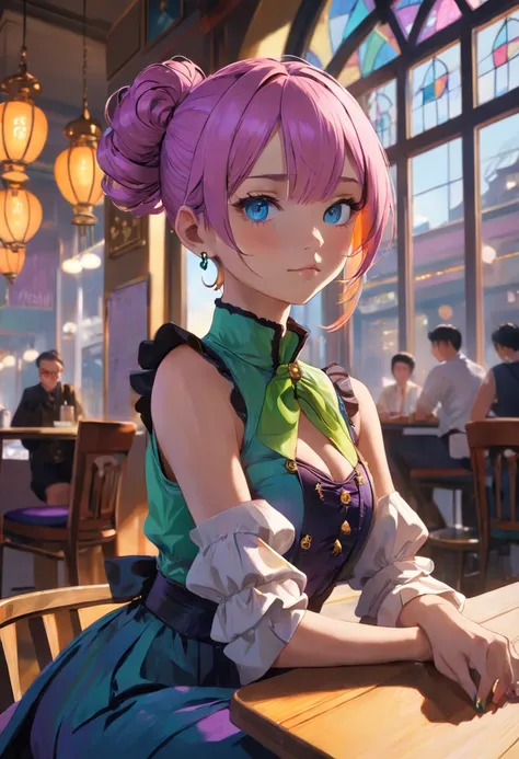 An ultra high-resolution photograph of a stylish cyberpunk gothic flat chested Eurasian librarian immersed in relaxation at a trendy café in the Philippines. With (vibrant rainbow colored blue green pink orange hair) elegantly tied in a bun, she adorns bra...