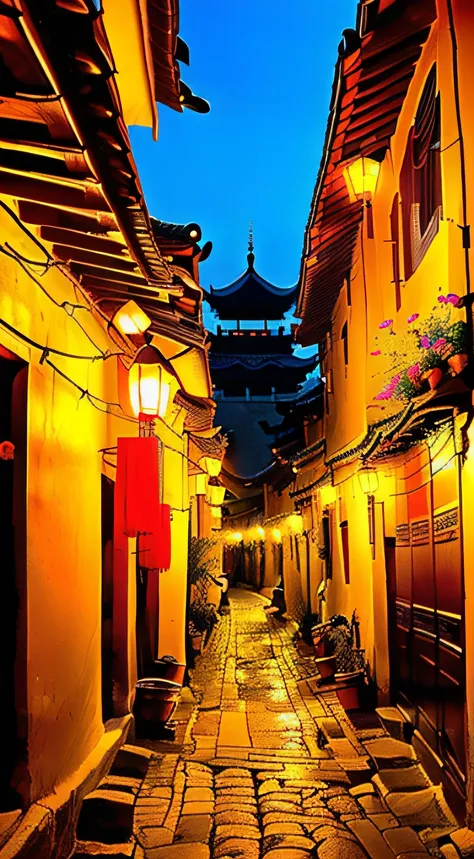 Alafid view of the street with the bell tower in the distance, dreamy Chinese towns, in a narrow chinese alley, ancient city streets behind her, Narrow, alleys, In the evening, Back alley, 2 4 mm iso 8 0 0 color, narrow street, alley, golden hour in beijin...