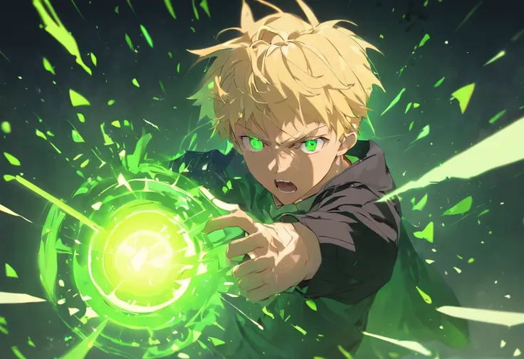 generate an image of a teenage boy with blonde hair and blue eyes angrily shooting a green light bowl on his hand,shooting the greenlight, in a school corridor, 4k, illustration.