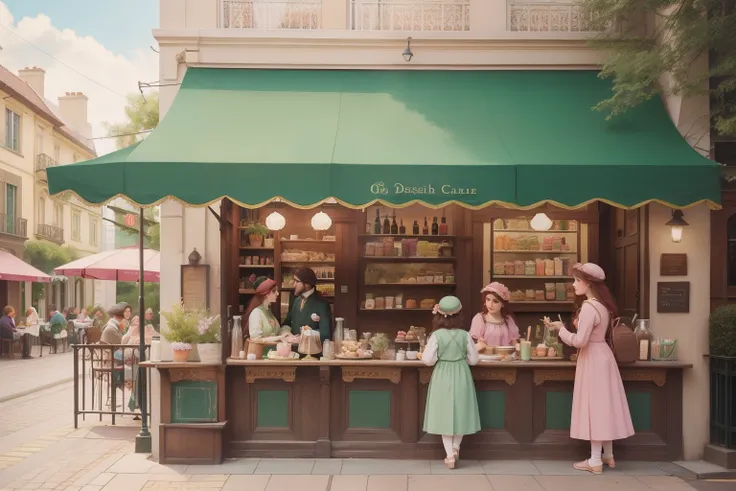 Request a Pre-Raphaelite portrayal of a lively outdoor café scene, where patrons of all ages, dressed in pastel attire, savor coffee, enjoy pastel-colored macarons, and engage in animated conversations under colorful awnings.