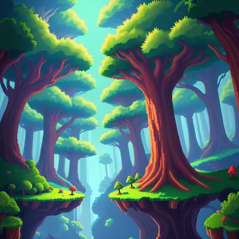 jogo 2 D platformer, Cyber Space Forest Scene, 2D Side Scrolling Game, 2 D Game Art Background, 2D Game Background, Video Game Background, Flying Trees and Park Items, 2 D Platformer, Game Concept, Concept PixelArt, Sky Forest Background, Red Sprites in th...