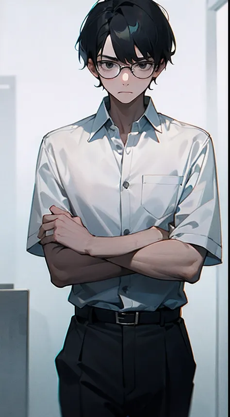 Young man with black hair and glasses、White Y-shirt and slacks、Serious appearance、Calm eyes、Anxious look、Black eyes、Depressed posture、