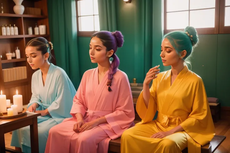 At an otherworldly Wes Anderson spa, guests with unique hairstyles and colorful robes partake in a rejuvenating ritual that promises to transport them to a dreamlike realm of relaxation.