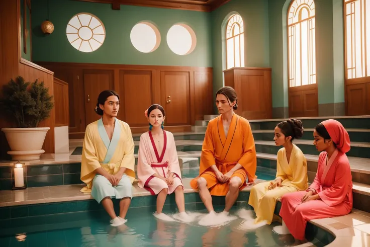 At an otherworldly Wes Anderson spa, guests with unique hairstyles and colorful robes partake in a rejuvenating ritual that promises to transport them to a dreamlike realm of relaxation.