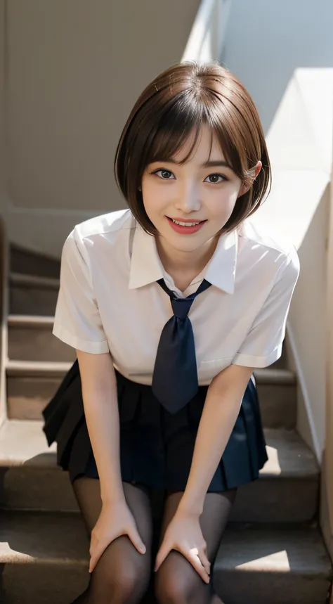 Korean School Uniform、Summer School Uniform Shirts、Tight shirt、Ribbon tie、skirt by the、Schools、stairs at school、Emphasize your chest with both arms、Slender big、8K raw photos、hight resolution、age:18 、Korea person、Eye of the cut、very large round breasts、beau...