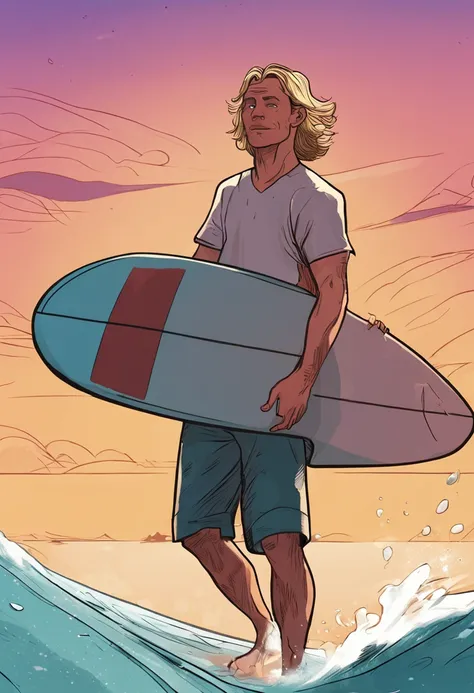 Male character surfing, suns, Mare, vague, a blond, Long hair, The board is mid-length, Slightly bending the knees