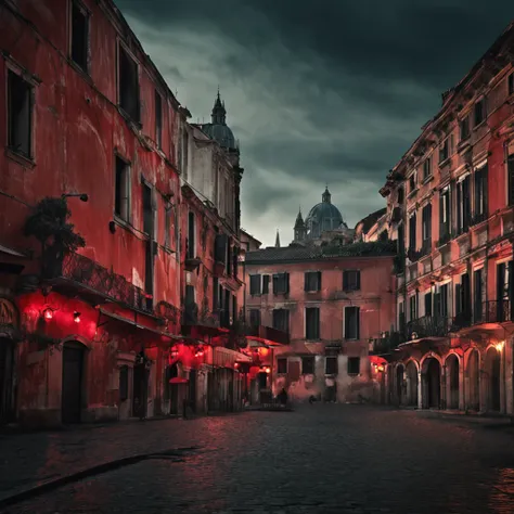 In the dark night of Verona, a city full of hatred, the family in red and the family in blue fight each other, in the atmosphere of sadness and despair, in color of dark and scarlet, musical theater scene, action pose, long shot, spot light, photorealistic...