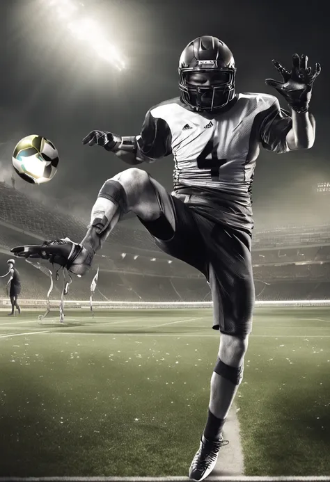 Man playing football, a blond, Slightly dark, adidas uniforms, Spikes nike black, lawn, Trying to kick the ball