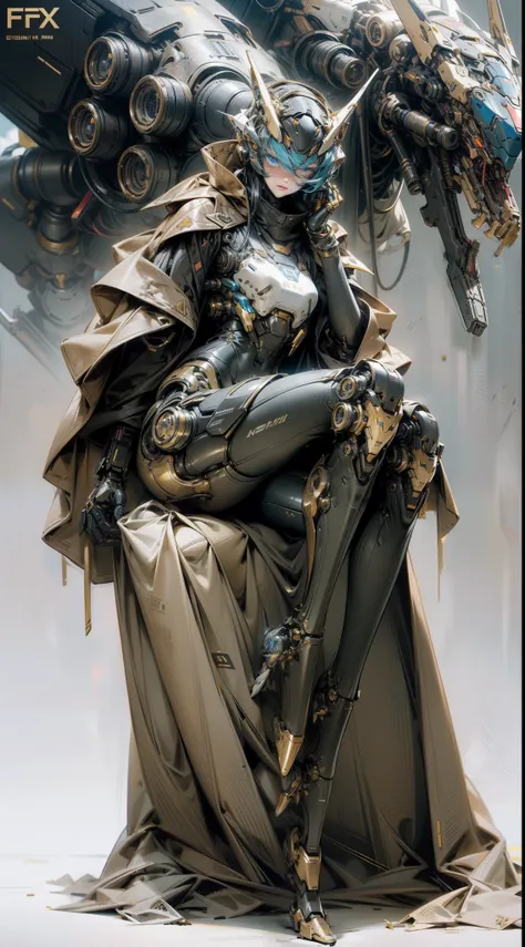 Elegant girl, A mech girl, Full body portrait, The humanoid is now a mech, Dark, and -fi, postapocalypse, Sky blue eyes, Nice style mech, extreme detailed details, Realistic, Black and gold, beautifullegs