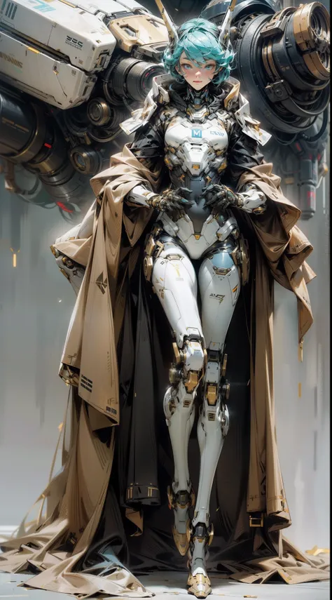 Elegant girl, A mech girl, Full body portrait, The humanoid is now a mech, Dark, and -fi, postapocalypse, Sky blue eyes, Nice style mech, extreme detailed details, Realistic, Black and gold, beautifullegs