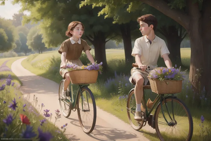 Create a Pre-Raphaelite-inspired scene of a young boy, his freckled face shining, joyfully pedaling a vintage-style bicycle along a tree-lined path, a basket of freshly picked wildflowers adorning the front.