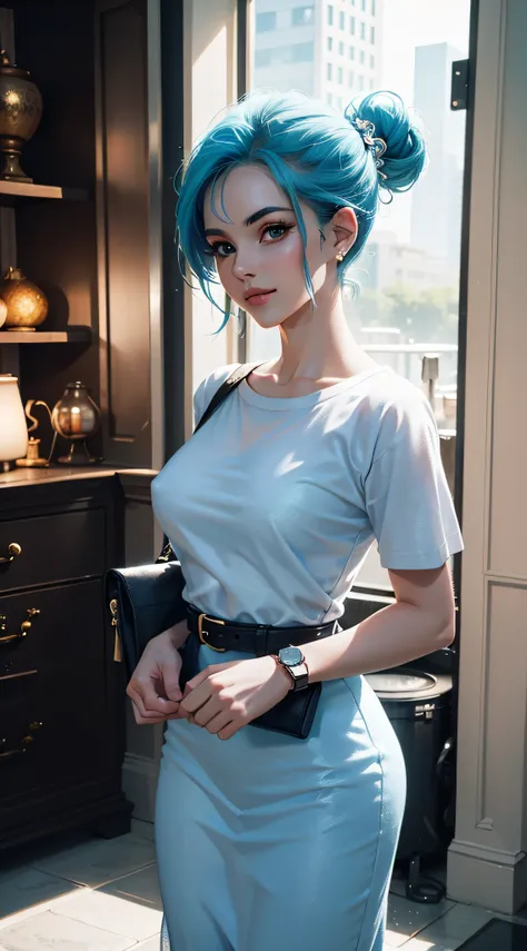 bulma from dragon ball anime, short hair, light blue hair, hair in a bun, beautiful, beautiful woman, perfect body, perfect breasts, wears a white dress, luxurious, beautiful, expensive, very beautiful, carries a bag, wears a watch, wears earrings earrings...