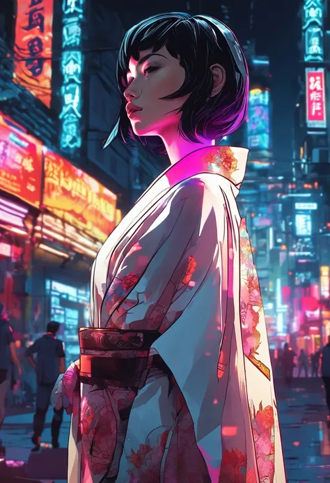 The perfect work of Nozomi Sasaki, Short black hair, White open kimono, tattoo all over body, Serious face, Watch camera in action movie pose. 3D vector art. Trend composition. Vibrant side lighting, Centered on vitality, Color cyberpunk detailed cityscape...