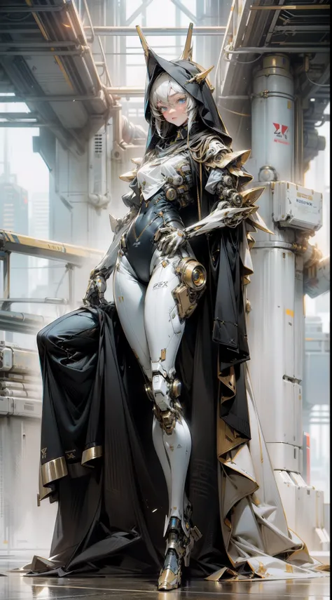 Elegant girl, A mech girl, Full body portrait, Humanoid nun mech, Dark, and -fi, postapocalypse, Sky blue eyes, A mech with a good style, extreme detailed details, Realistic, Black and gold, beautifullegs