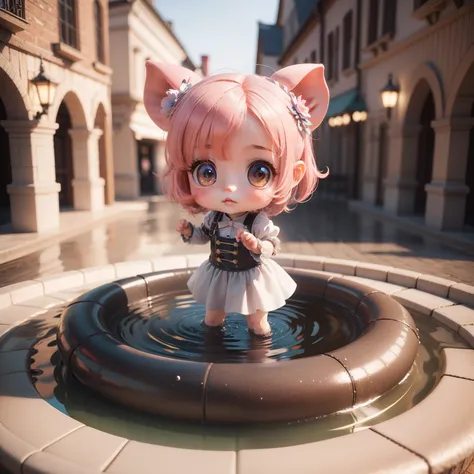 Cute Baby Chibi Anime、(((Chibi 3D))) (Best Quality), (masutepiece)、Pig Chibi、Sharp Claw Pose、A detailed face、Standing、Fountain in fairytale land、Splash of 7 colors