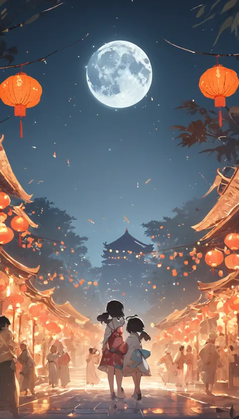 Mid-Autumn Festival、Full moon、Two pandas stand and run to the camera，themoon，As estrelas，Mooncake stalls、The lights will be lit、fire works、tradit、celebrating、enviroment、Plaza、Bamboo lanterns、the night、celebrating、Artistically、device、decor、resource，high def...