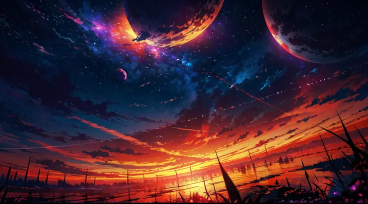 anime - style scene of a sunset with stars and planets, cosmic skies. by makoto shinkai, sunset on distant machine planet, magnificent background, anime sky, anime art wallpaper 4 k, anime art wallpaper 4k, 4k highly detailed digital art, anime art wallpap...