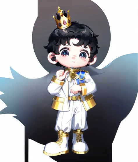 A prince with a crown on his head，Black hair, ((On white background))